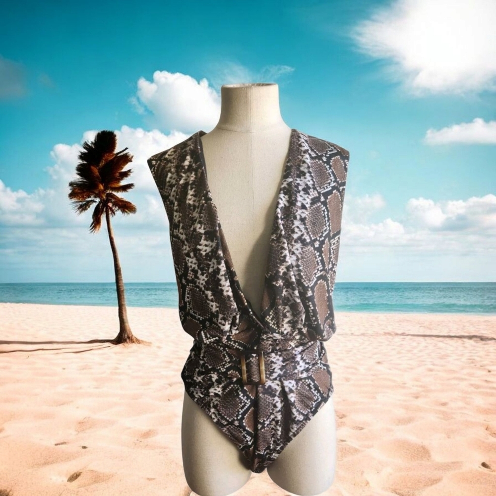 Sports Illustrated Swimwear Snakeprint Full Back Coverage Plunge One-Piece